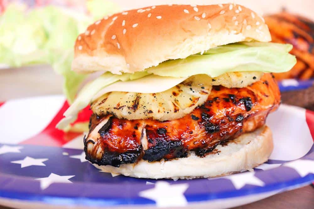 grilled teriyaki chicken burger on the grill Family Cookout Fourth of July Grilling Ideas | Teriyaki Chicken Burgers