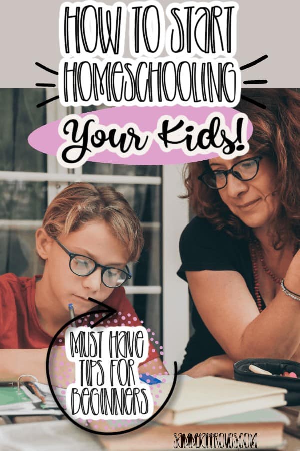 Pinable Image- How to Start Homeschooling Your Kids - Must Have Tips for BeginnersPhoto of mom teaching son at home.