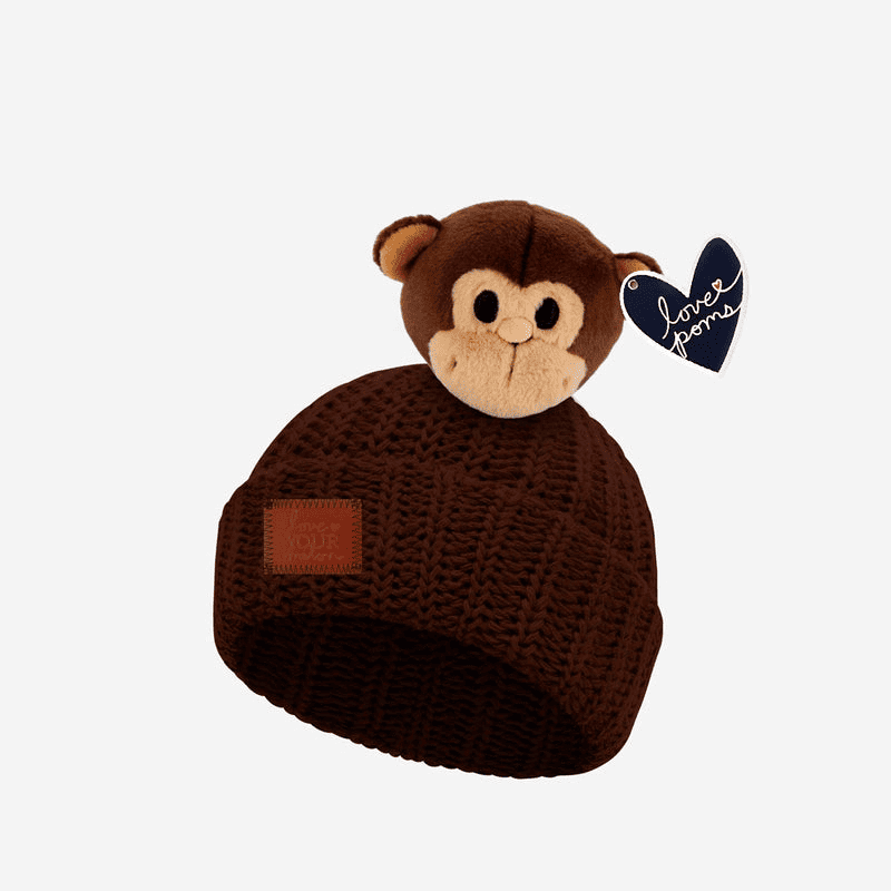 BABY CHOCOLATE POM BEANIE WITH MONKEY LOVE POM