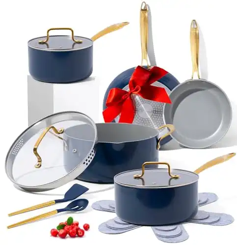 Navy Blue Pots and Pans Set Nonstick -15 Piece