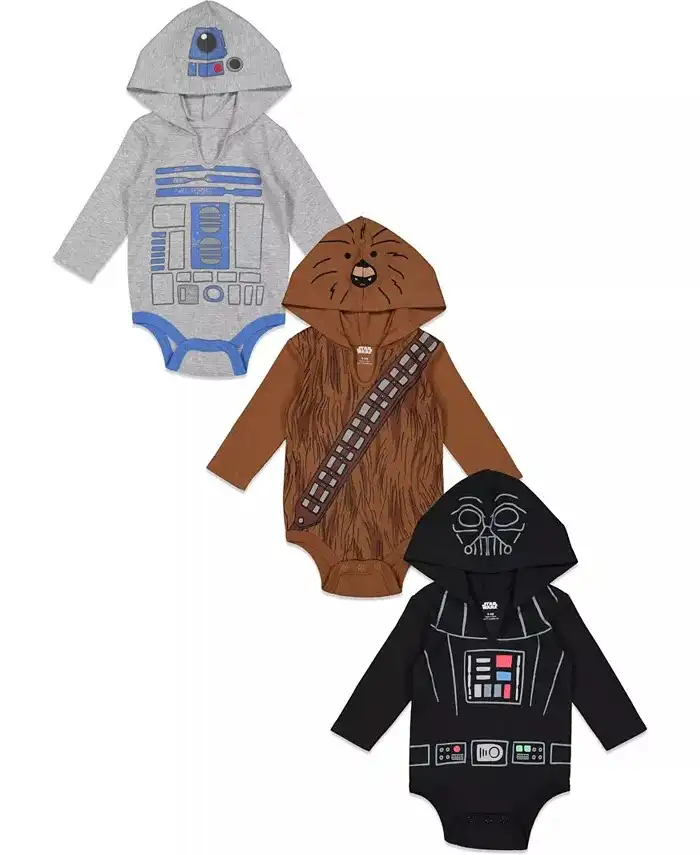 Darth Vader R2-D2 Chewbacca Boys 3 Pack Bodysuits Infant