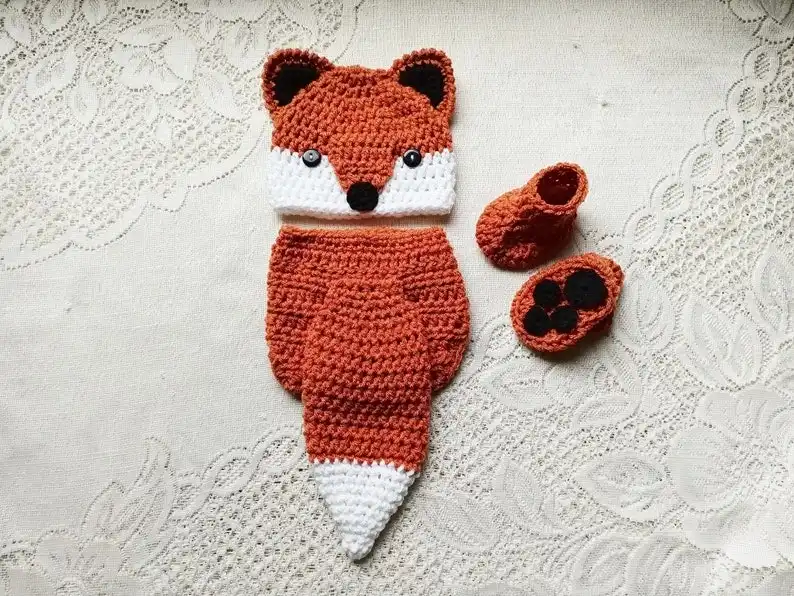 Baby Red Fox Crochet Hat and Diaper Cover