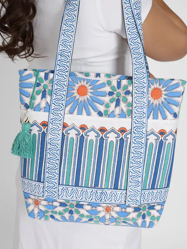 Geometric, Moroccan, Tote bag, Blue, Brown | Saffron Marigold