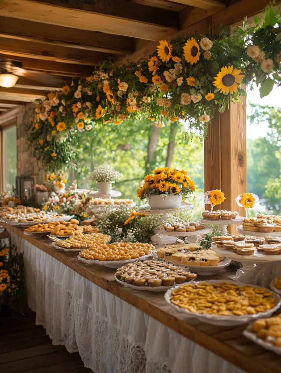 Sunflower themed baby shower party table spread.