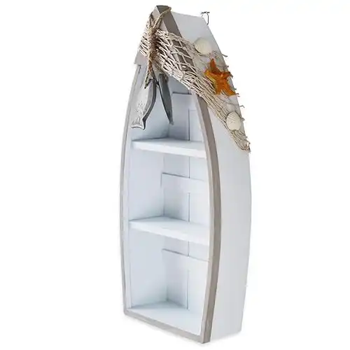 Morning View 2-Shelf Wood Boat Shelf, Nautical Decor with Fishing Net, Starfish, Seashells - Wall Mount or Tabletop Display - Beach Themed Home Decor, White, 6.7x3x16.5 Inch