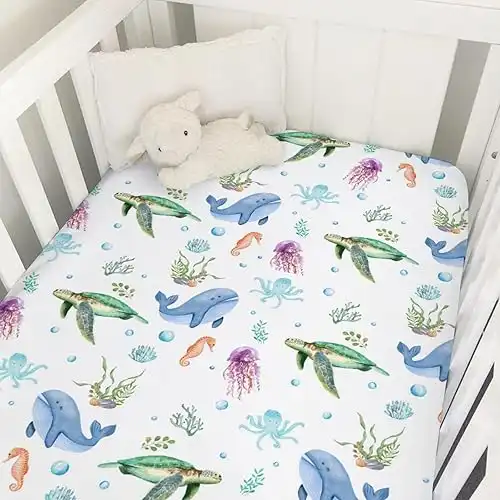 Cute Sea Animals Baby Crib Sheets 52''x28'' Ocean Turtle Whale Jellyfish Sea Horse Weeds Fitted Crib Mattress Cover for Boy Girl Marine Nursery Baby Bed Sheets for Standard Crib an...