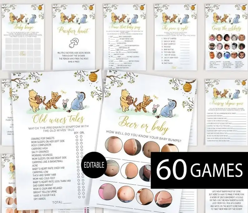 Winnie the Pooh Baby Shower,editable Games Bundle