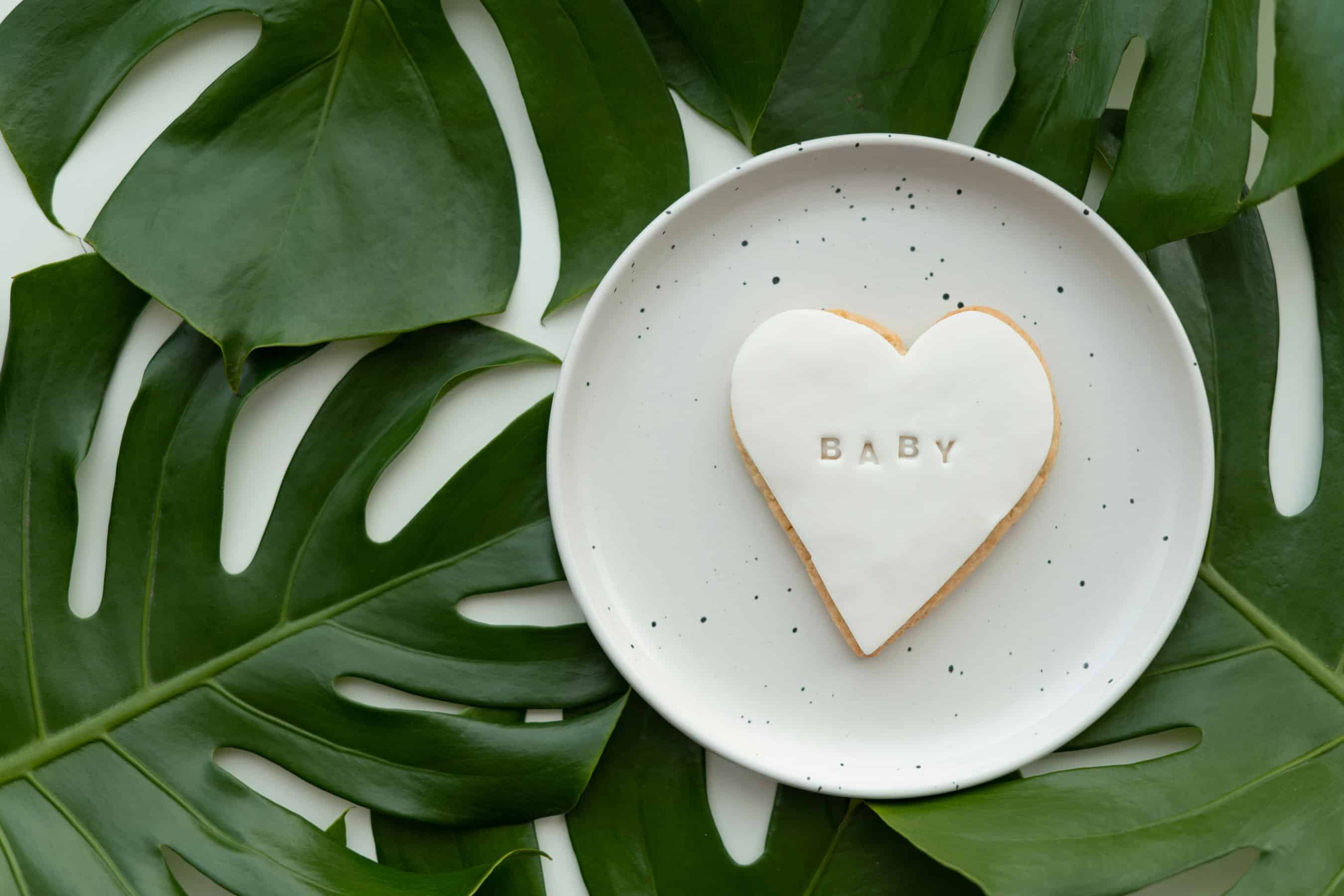 baby shower. Photo zooms in on a plain heart cookie with the word baby stamped into it laying on a plate. The plate rests on jungle leaves.